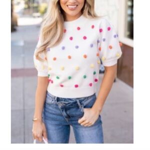 Peach Love Berkley White Pom-Pom Short Sleeve Sweater Top MSRP $72  Medium